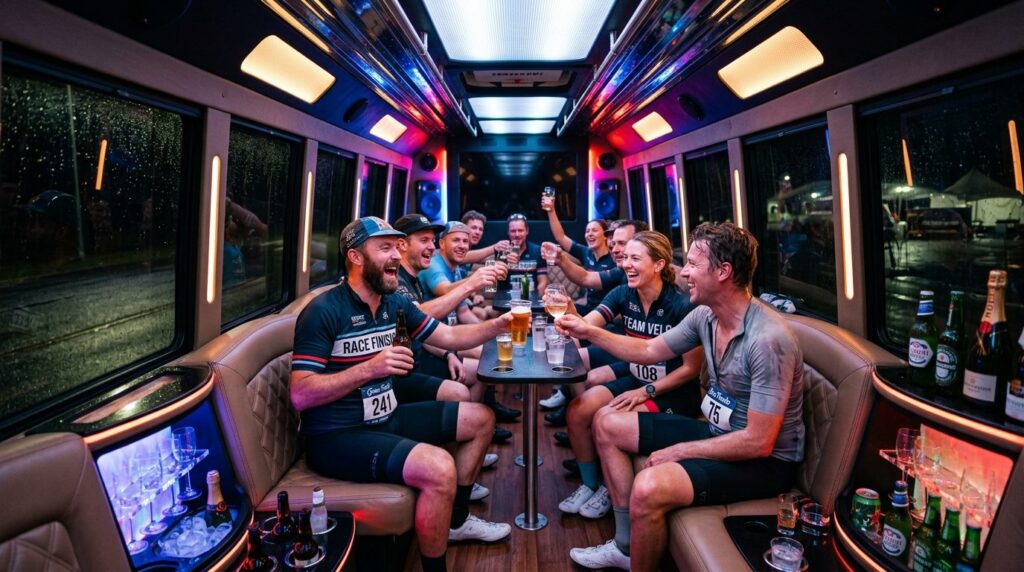 Gruppe mennesker rejser sig fra sæder i en moderne partybus med lyseffekter og fejrer sammen.