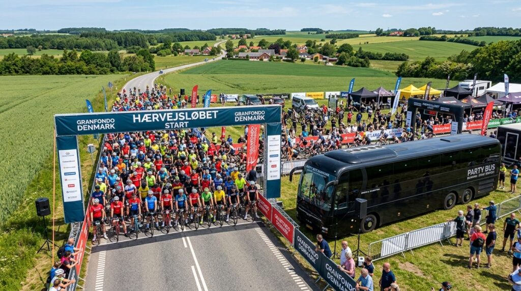Gruppe mennesker rejser sig fra sæder i en moderne partybus med lyseffekter og fejrer sammen.