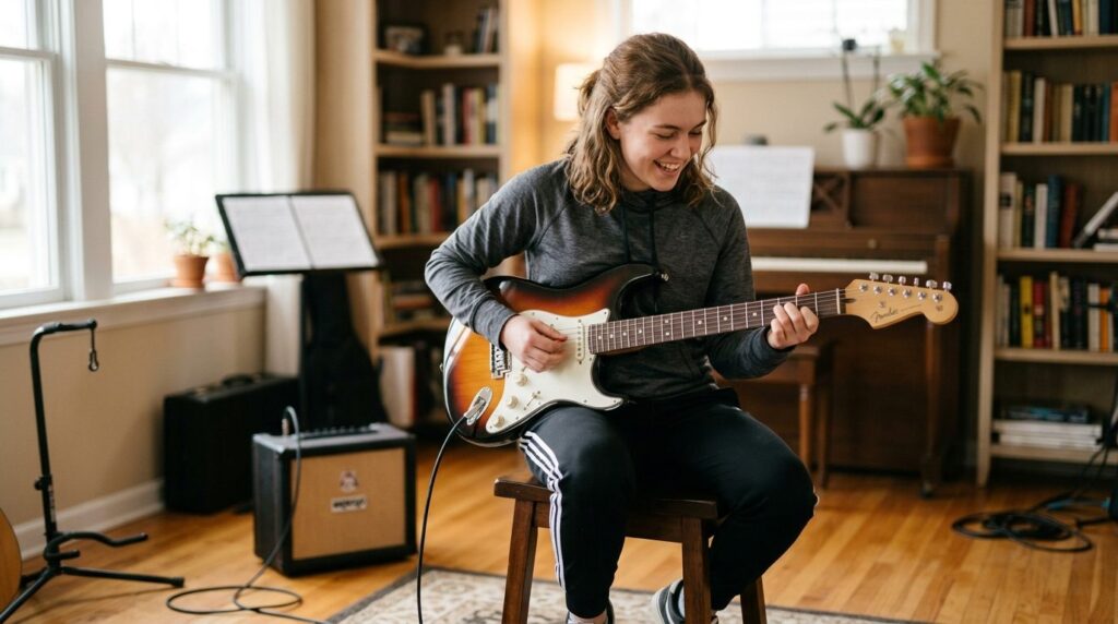 Enthusiastic young beginner musician in casual athletic wear