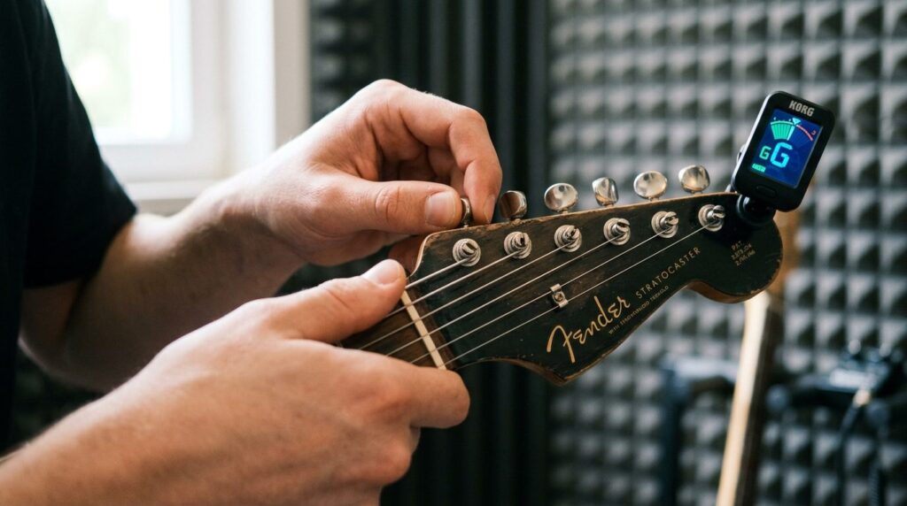 Close-up detail shot of hands adjusting tuning pegs on an el