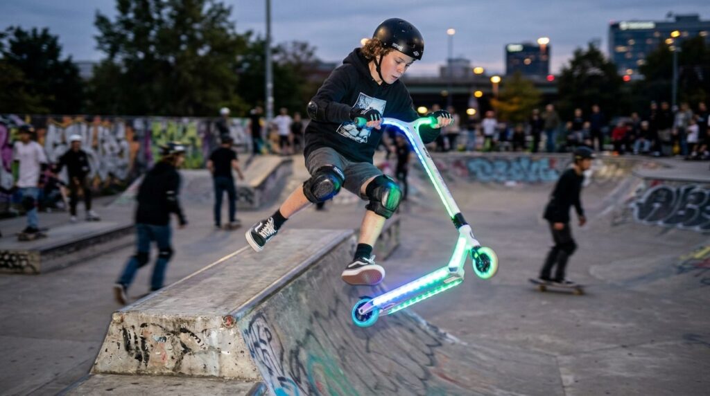 Close-up action shot of a young teenager performing tricks o