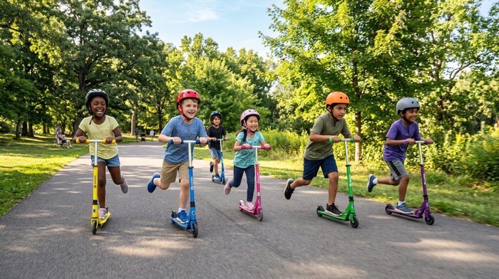 Group of diverse children aged 6-12 riding colorful scooters