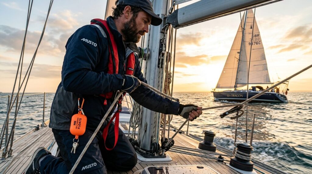 Active lifestyle scene of a sailor adjusting rigging with a 