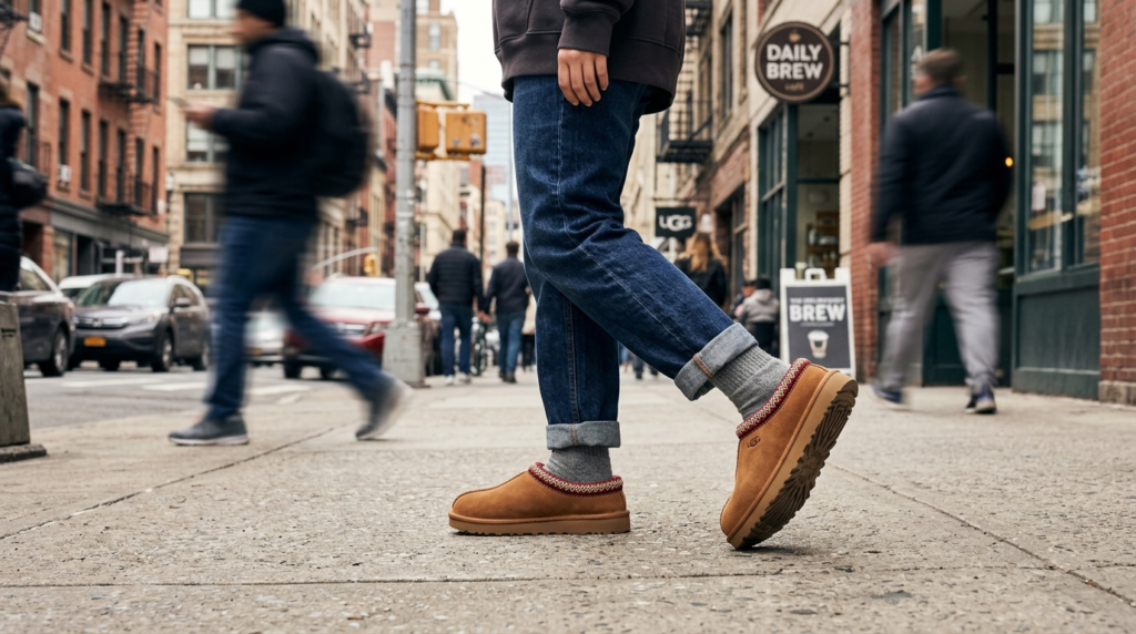 Close-up lifestyle shot in 16:9 format of UGG Tasman slipper