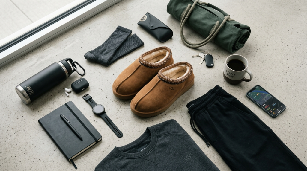 Flat-lay overhead shot in 16:9 ratio featuring UGG Tasman sl