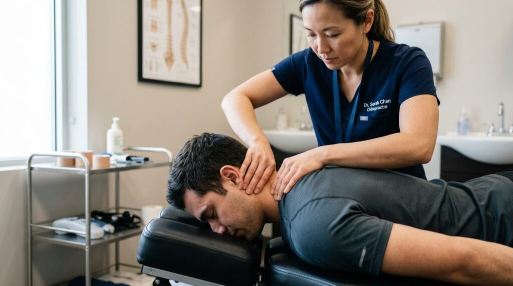 Close-up of chiropractor performing spinal adjustment on ath