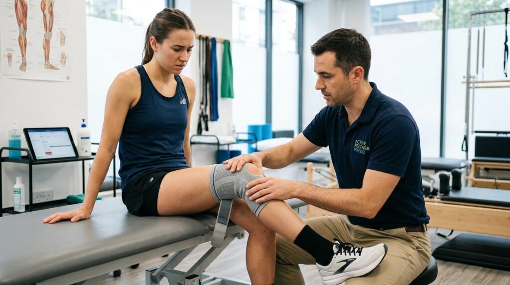 Active runner being examined by sports physiotherapist for l