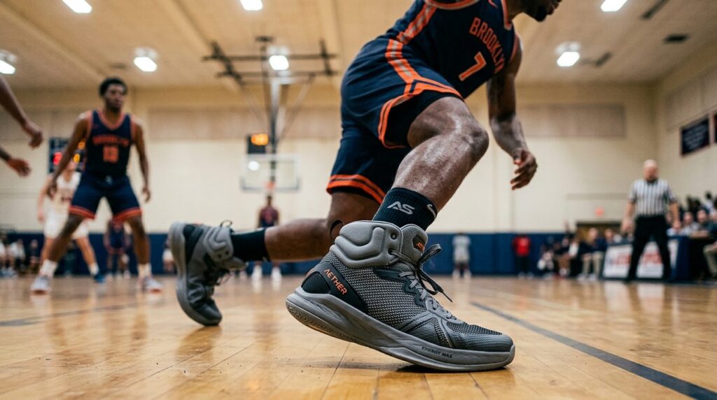 Close-up side view of a high-top basketball sneaker showing 