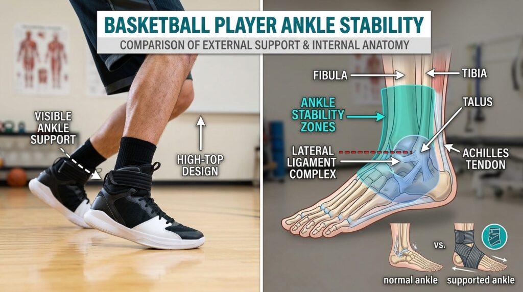 Split-screen comparison showing a basketball players ankle 