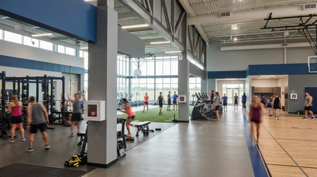 Wide-angle photograph of a sports club interior showing mult