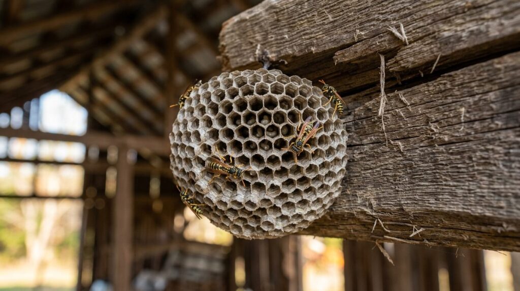 Close-up of a gray paper wasp nest attached to a wooden beam
