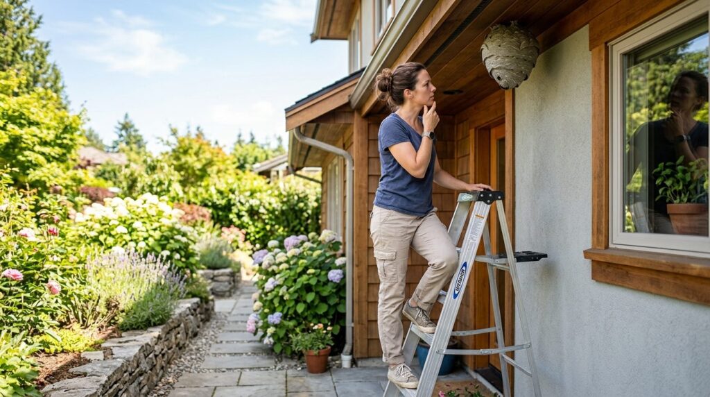 Homeowner in casual clothes standing on a ladder examining a