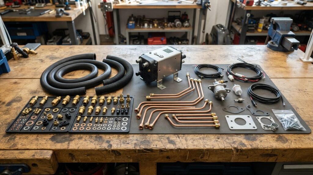 Realistic overhead shot of diesel heater components laid out