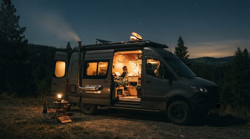 Nighttime photograph of a camper van exterior with interior 