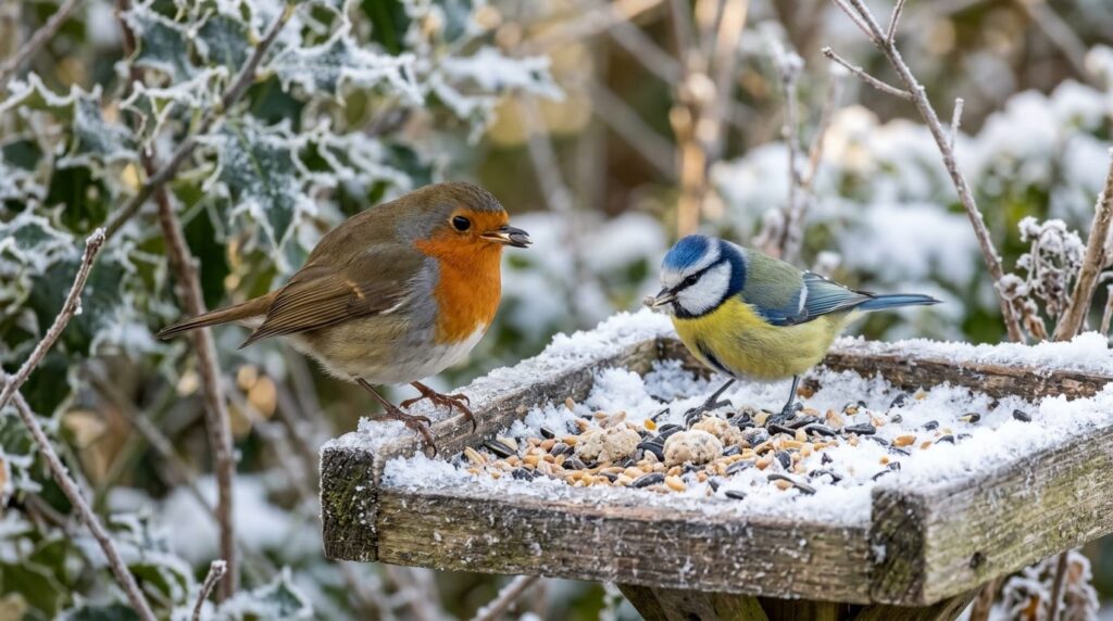 Close-up nature photograph of a robin and blue tit simultane