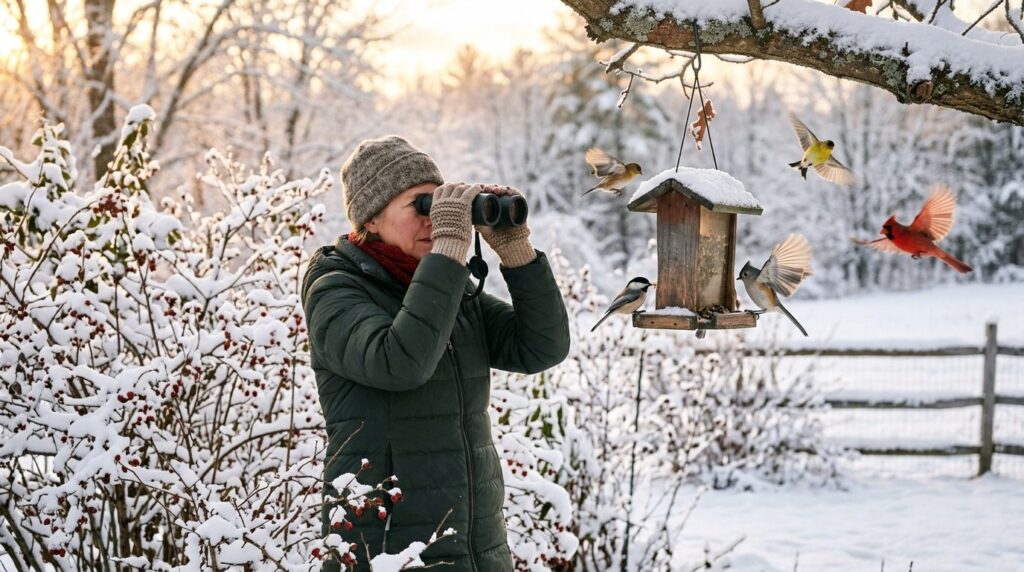 Outdoor winter scene of a person holding binoculars observin