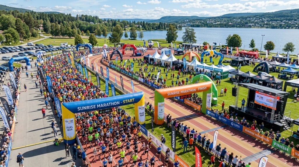 Luftfoto af komplet sportsevent-setup med flere områder.