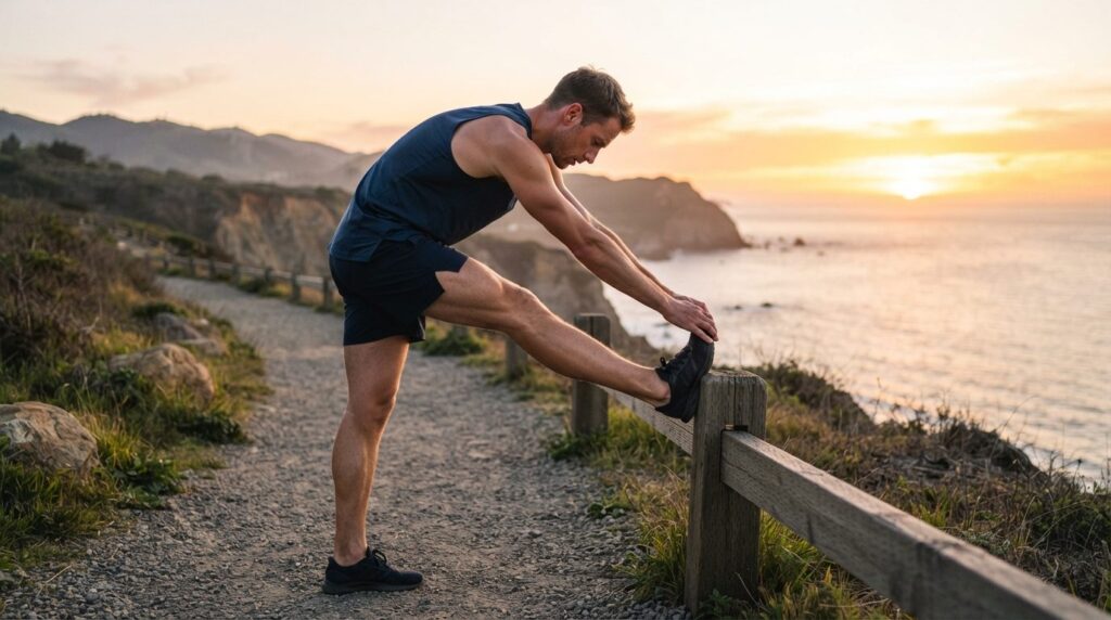 Athletic male runner stretching his legs after running worko