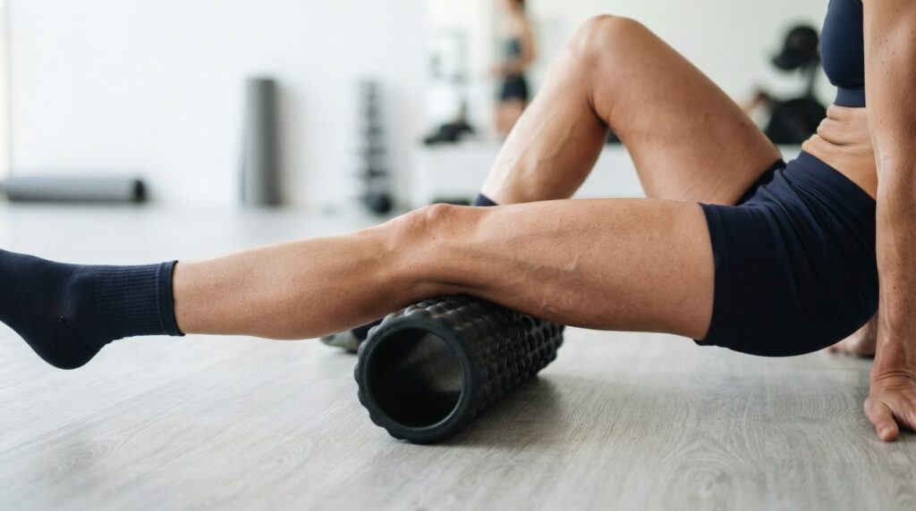 Close-up of runners legs with visible muscle tension, foam