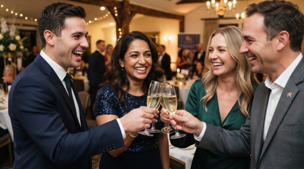 Close-up of happy people clinking glasses at a formal sports