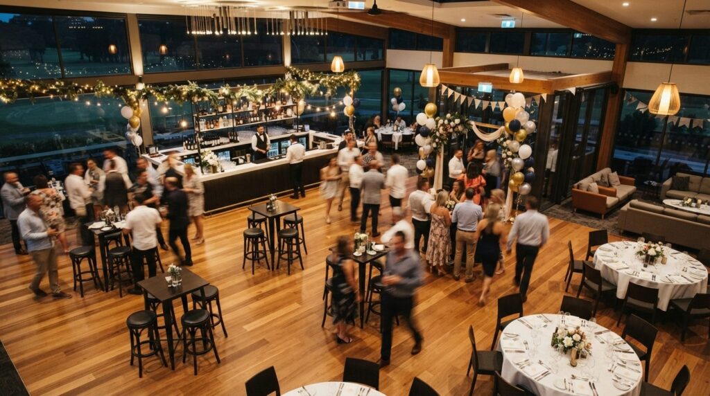Overhead view of a sports club reception room with guests mi