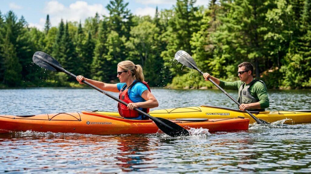 Close-up photorealistic image of two people paddling colorfu
