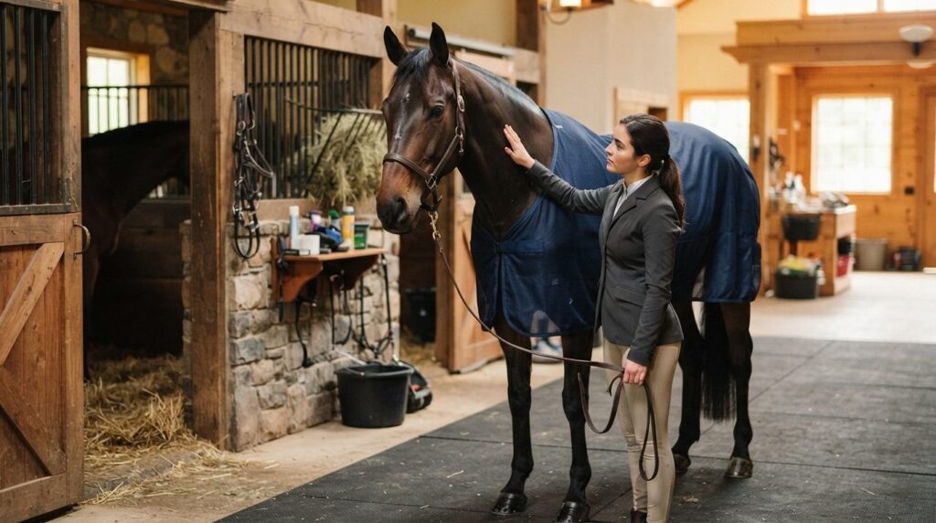Professional equestrian image showing a horse being cooled d