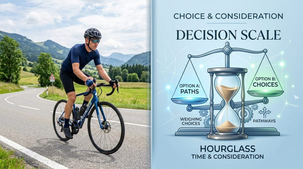 Split-screen concept: left side shows a male cyclist on a ro