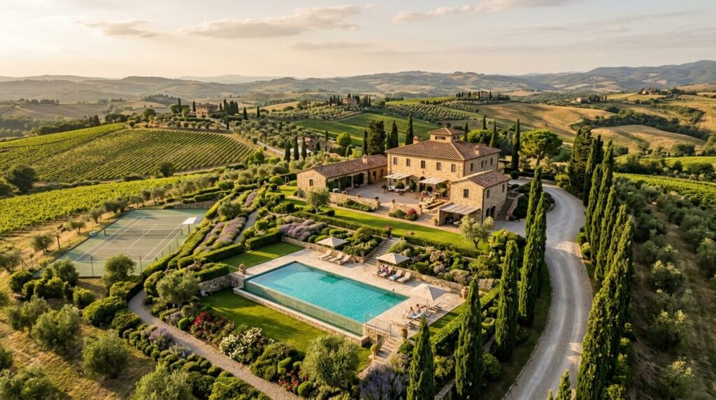 Aerial drone view of luxury Tuscan villa estate with private