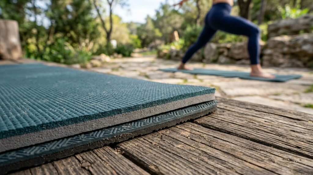 Close-up detail shot of yoga mat surface texture showing gri